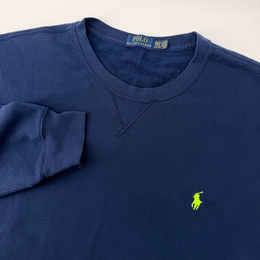 Polo Ralph Lauren Sweatshirt Mens 2XLT Navy Blue Lime Green Pony V-Stitch Crew